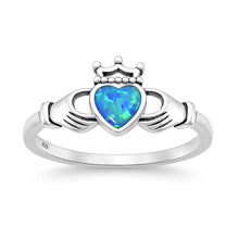 Load image into Gallery viewer, Sterling Silver Oxidized And Polished Blue Lab Opal Claddagh Ring