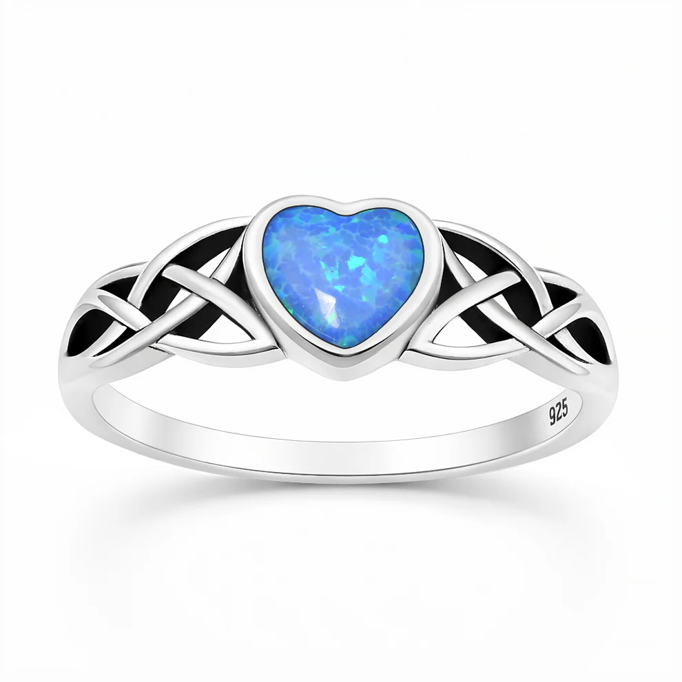 Sterling Silver Oxidized And Polished Celtic Heart Blue Lab Opal Ring