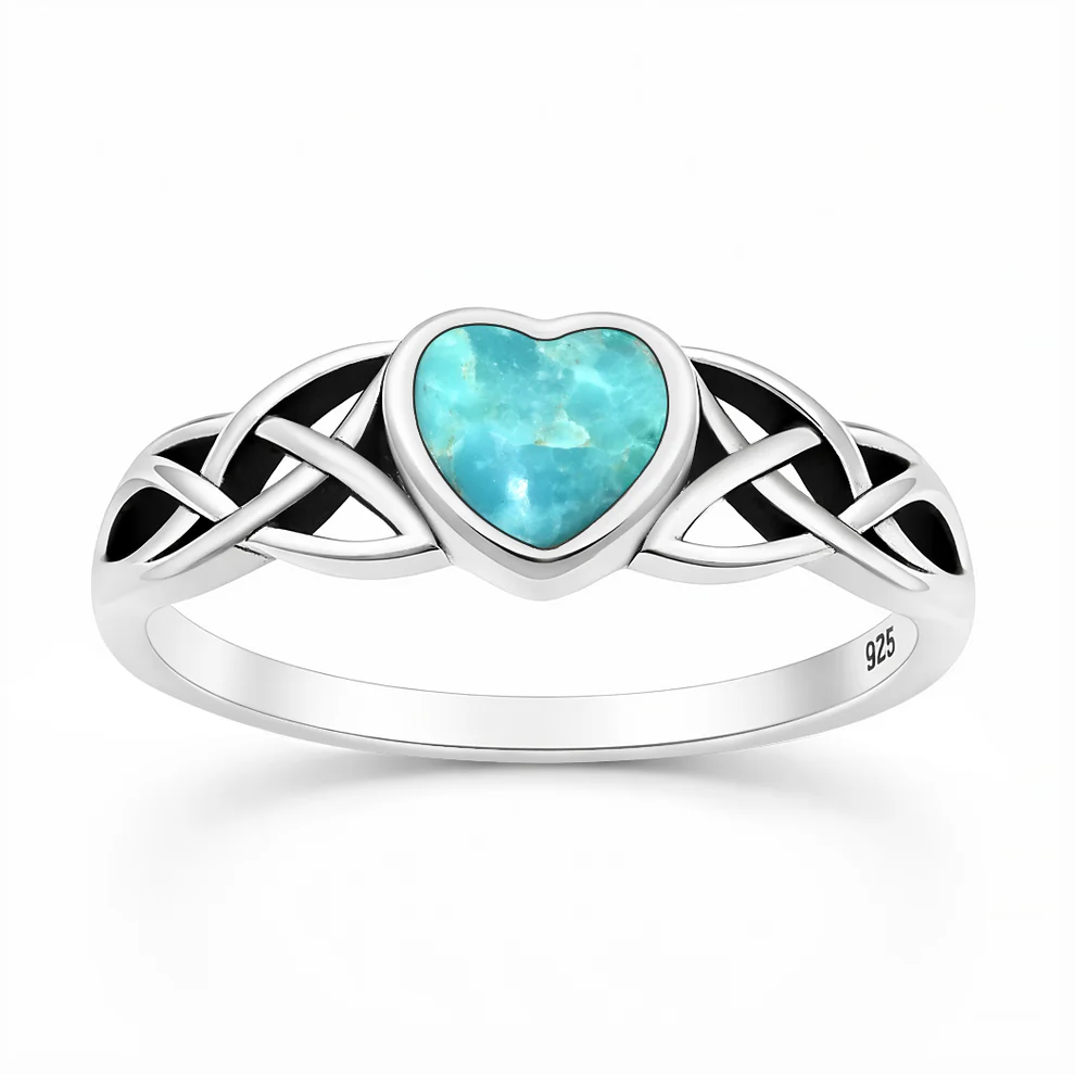 Sterling Silver Oxidized And Polished Celtic Heart Turquoise Stone Ring