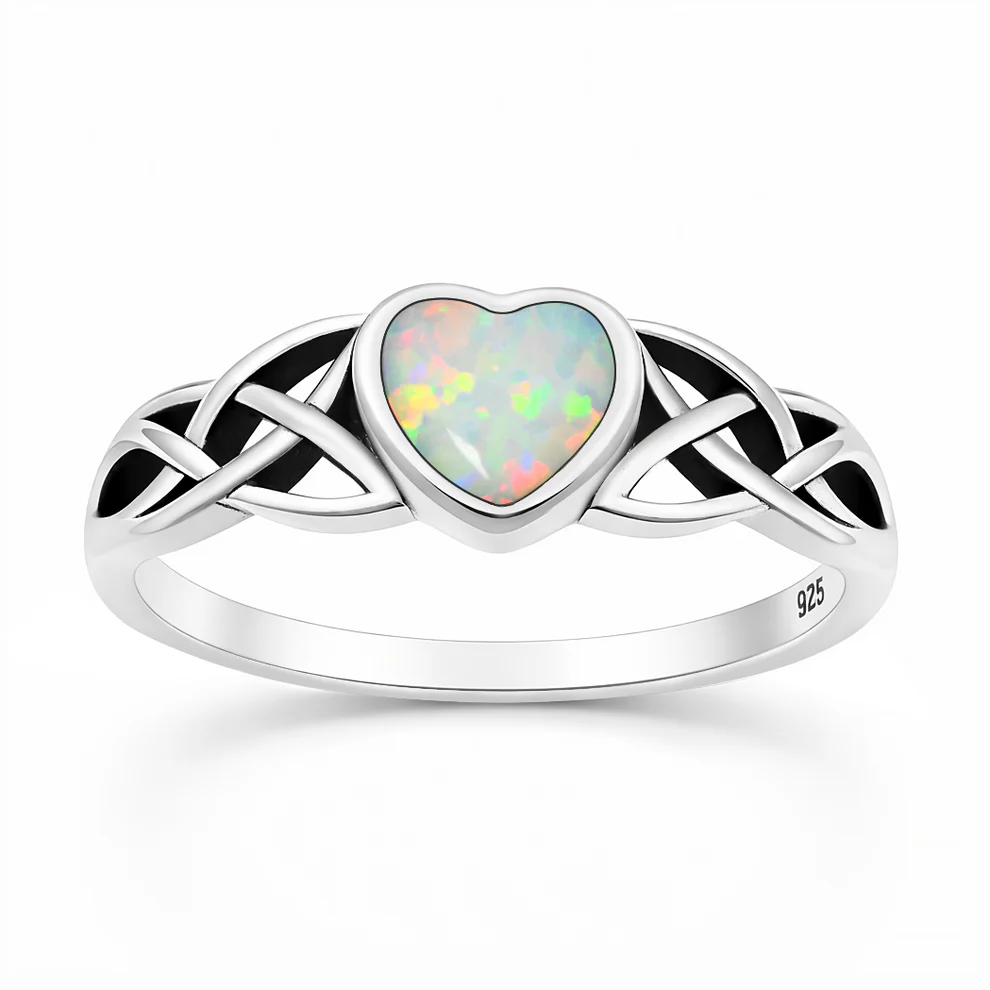 Sterling Silver Oxidized And Polished Celtic Heart White Lab Opal Ring