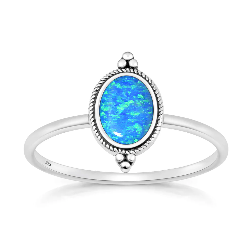 Sterling Silver Oxidized And Polished Vintage Style Blue Lab Opal Ring
