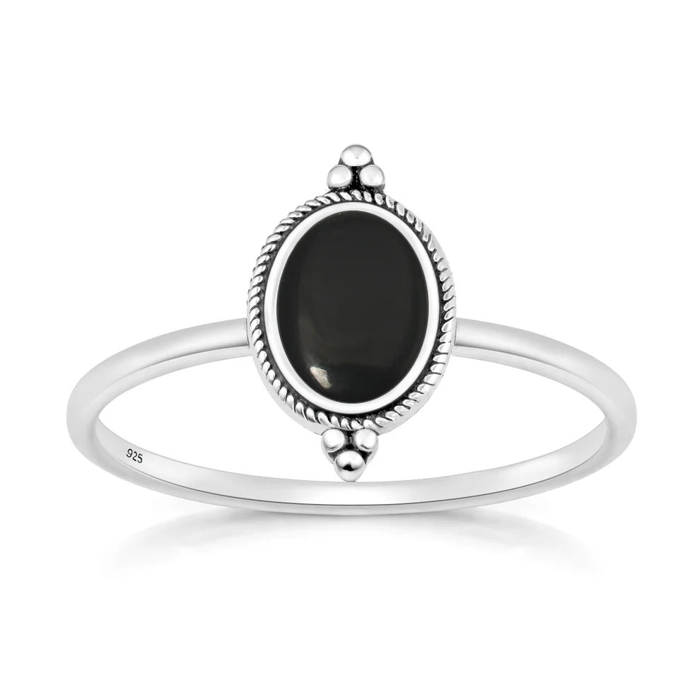 Sterling Silver Oxidized And Polished Vintage Style Black Agate Stone Ring
