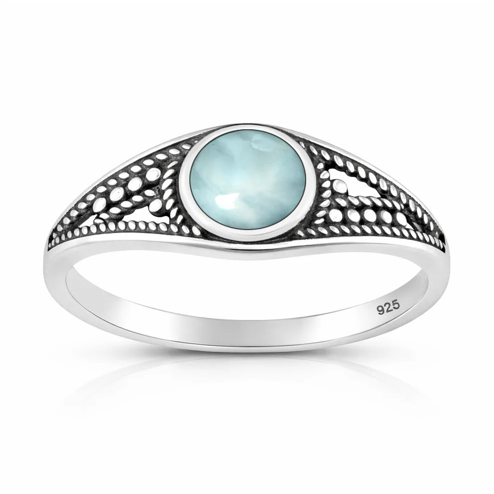 Sterling Silver Oxidized And Polished 8.3mm Larimar Stone Ring