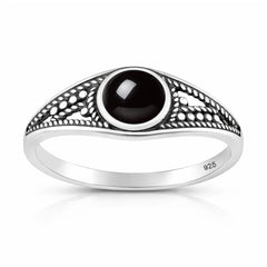 Sterling Silver Oxidized And Polished 8.2mm Black Agate Stone Ring