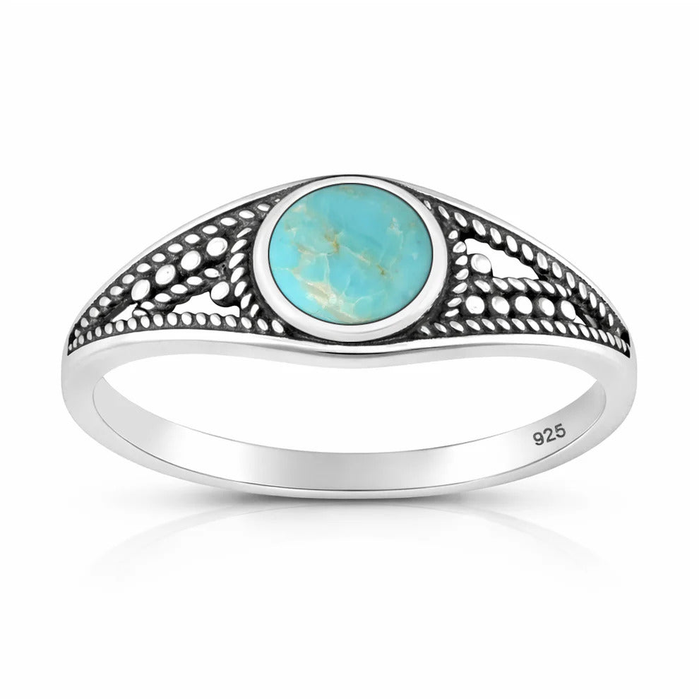 Sterling Silver Oxidized And Polished 8.2mm Turquoise Stone Ring