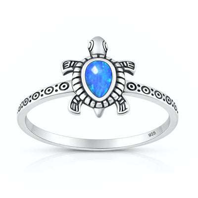 Sterling Silver Oxidized And Polished Blue Lab Opal Turtle Ring