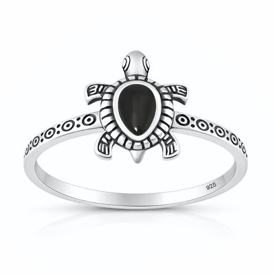 Sterling Silver Oxidized And Polished Turtle Black Agate Stone Ring