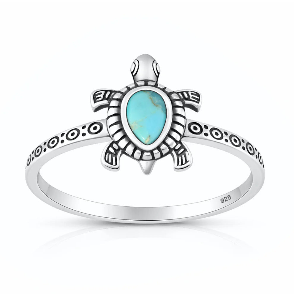 Sterling Silver Oxidized And Polished Turquoise Stone Turtle Ring