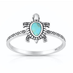 Sterling Silver Oxidized And Polished Turquoise Stone Turtle Ring