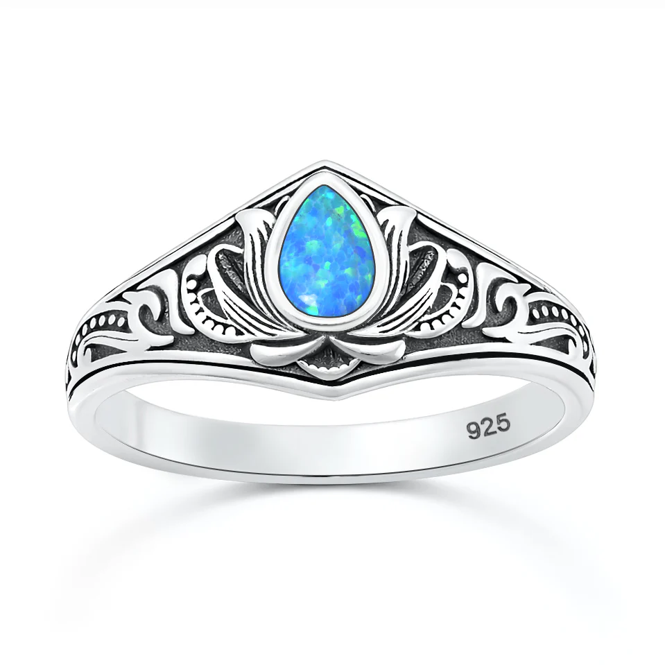 Sterling Silver Oxidized And Polished Lotus Blue Lab Opal Ring