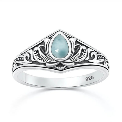 Sterling Silver Oxidized And Polished Lotus Larimar Stone Ring