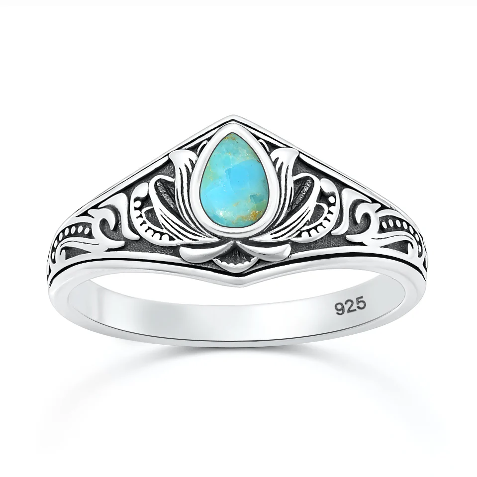 Sterling Silver Oxidized And Polished Lotus Turquoise Stone Ring