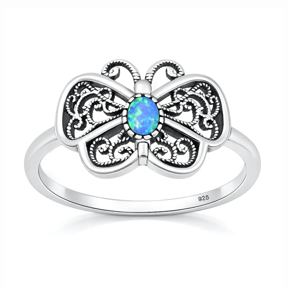 Sterling Silver Oxidized And Polished Butterfly Blue Lab Opal Ring