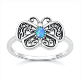 Sterling Silver Oxidized And Polished Butterfly Blue Lab Opal Ring