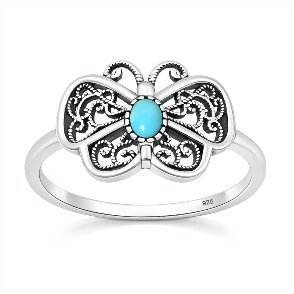 Sterling Silver Oxidized And Polished Turquoise Stone Butterfly Ring