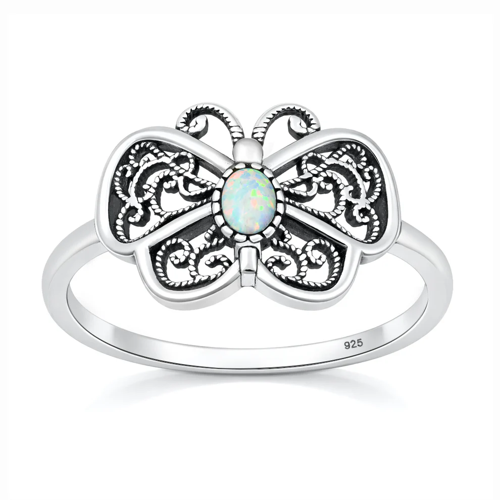 Sterling Silver Oxidized And Polished White Lab Opal Butterfly Ring