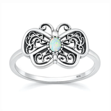 Sterling Silver Oxidized And Polished White Lab Opal Butterfly Ring