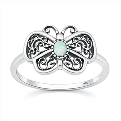 Sterling Silver Oxidized And Polished White Lab Opal Butterfly Ring