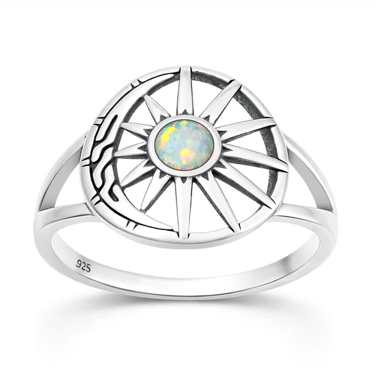 Sterling Silver Oxidized And Polished Sun And Moon White Lab Opal Ring