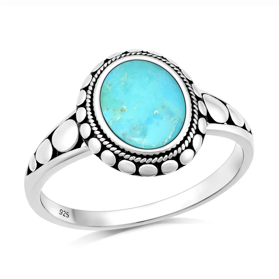 Sterling Silver Oxidized And Polished Round Turquoise Stone Ring