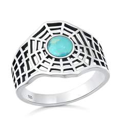 Sterling Silver Oxidized And Polished Spiderweb Genuine Turquoise Stone Ring