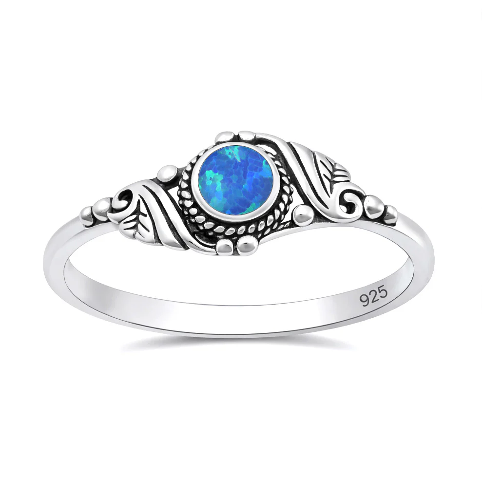 Sterling Silver Oxidized And Polished Leaves Blue Lab Opal Ring