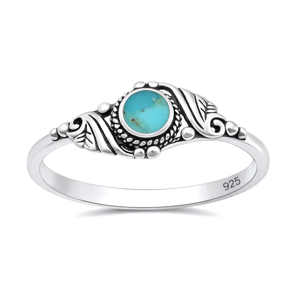 Sterling Silver Oxidized And Polished Leaves Turquoise Stone Ring