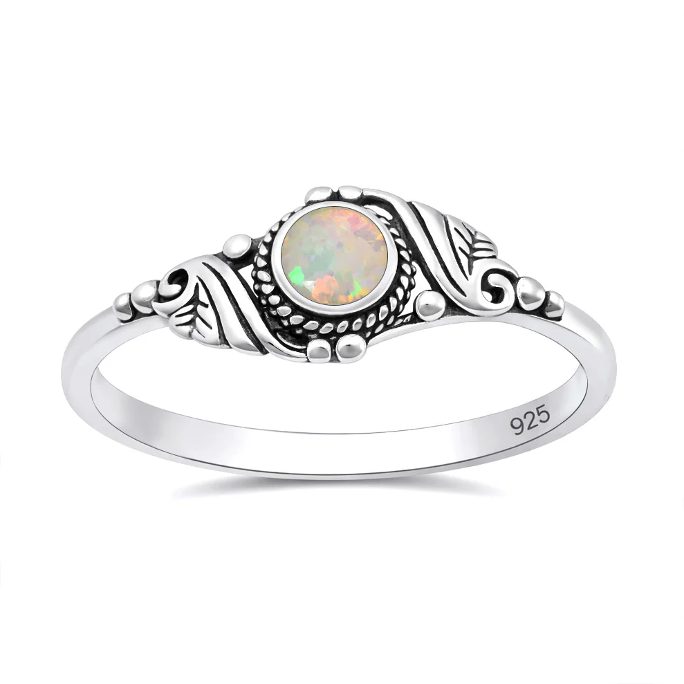Sterling Silver Oxidized And Polished Leaves White Lab Opal Ring