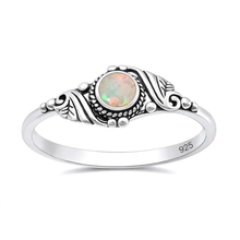 Load image into Gallery viewer, Sterling Silver Oxidized And Polished Leaves White Lab Opal Ring