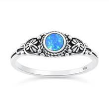 Load image into Gallery viewer, Sterling Silver Oxidized And Polished Floral Blue Lab Opal Ring