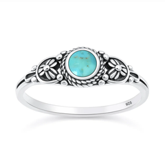 Sterling Silver Oxidized And Polished Floral Turquoise Stone Ring