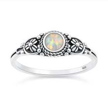 Load image into Gallery viewer, Sterling Silver Oxidized And Polished Floral White Lab Opal Ring