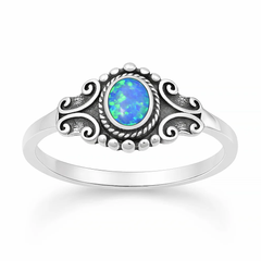Sterling Silver Oxidized And Polished Scroll Blue Lab Opal Ring