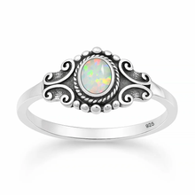 Load image into Gallery viewer, Sterling Silver Oxidized And Polished Scroll White Lab Opal Ring