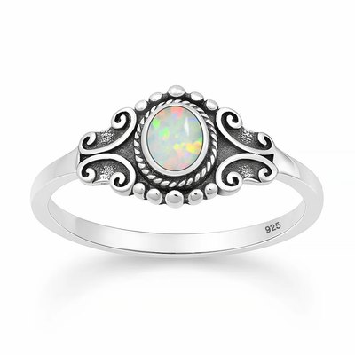Sterling Silver Oxidized And Polished Scroll White Lab Opal Ring