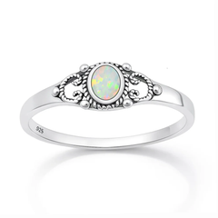 Sterling Silver Oxidized And Polished Filigree White Lab Opal Ring