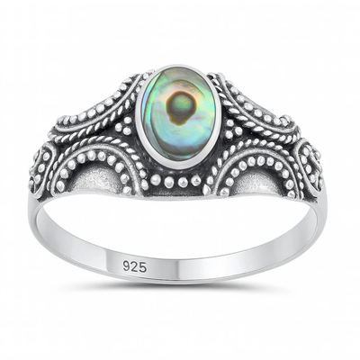 Sterling Silver Oxidized And Polished Bali Style Abalone Shell Ring