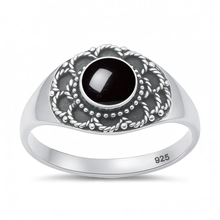 Load image into Gallery viewer, Sterling Silver Oxidized And Polished Bali Style Round Black Onyx Stone Ring