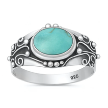 Load image into Gallery viewer, Sterling Silver Oxidized And Polished Bali Style Oval Genuine Turquoise Stone Ring