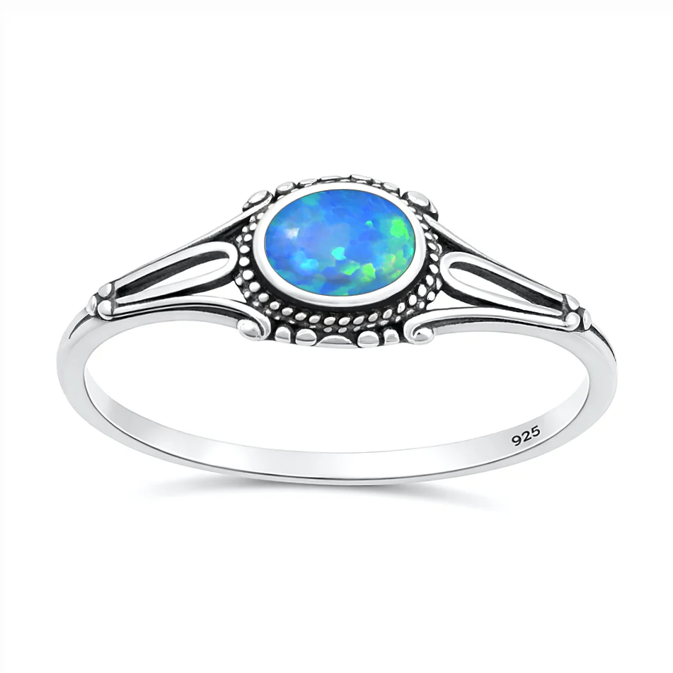 Sterling Silver Oxidized And Polished Bali Style Blue Lab Opal Ring