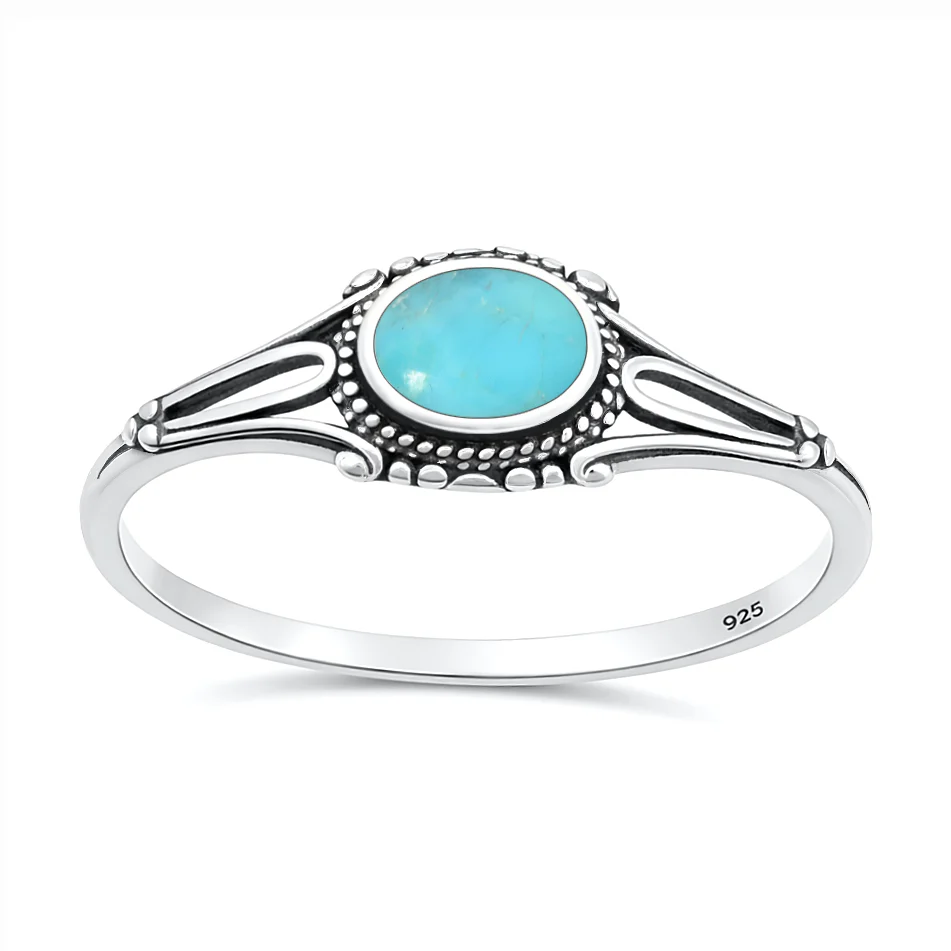 Sterling Silver Oxidized And Polished Bali Style Turquoise Stone Ring