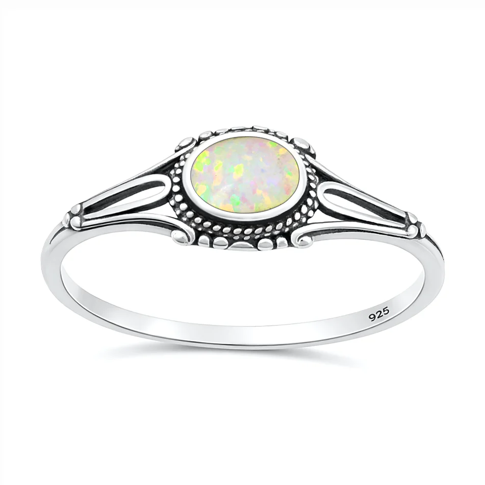 Sterling Silver Oxidized And Polished Bali Style White Lab Opal Ring