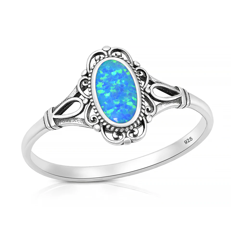 Sterling Silver Oxidized And Polished Vintage Style Filigree Blue Lab Opal Ring