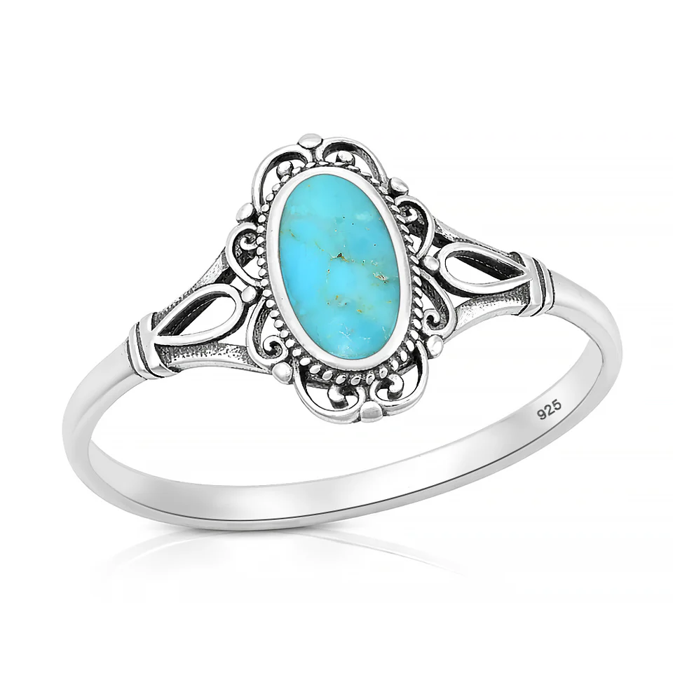 Sterling Silver Oxidized And Polished Vintage Boho Turquoise Stone Ring