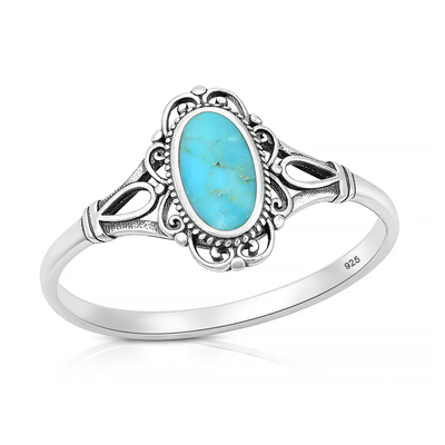 Sterling Silver Oxidized And Polished Vintage Style Filigree Turquoise Stone Ring