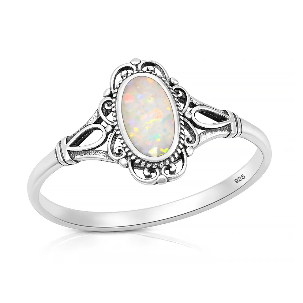 Sterling Silver Oxidized And Polished Vintage Style Filigree White Lab Opal Ring