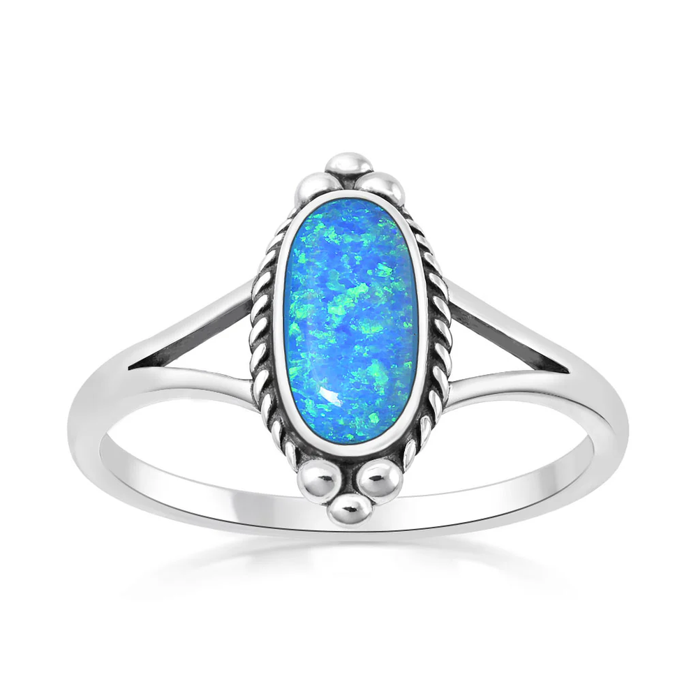 Sterling Silver Oxidized And Polished Blue Lab Opal Oval Ring