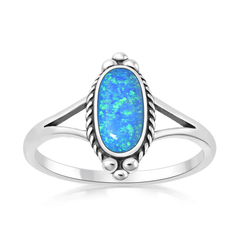 Sterling Silver Oxidized And Polished Blue Lab Opal Oval Ring