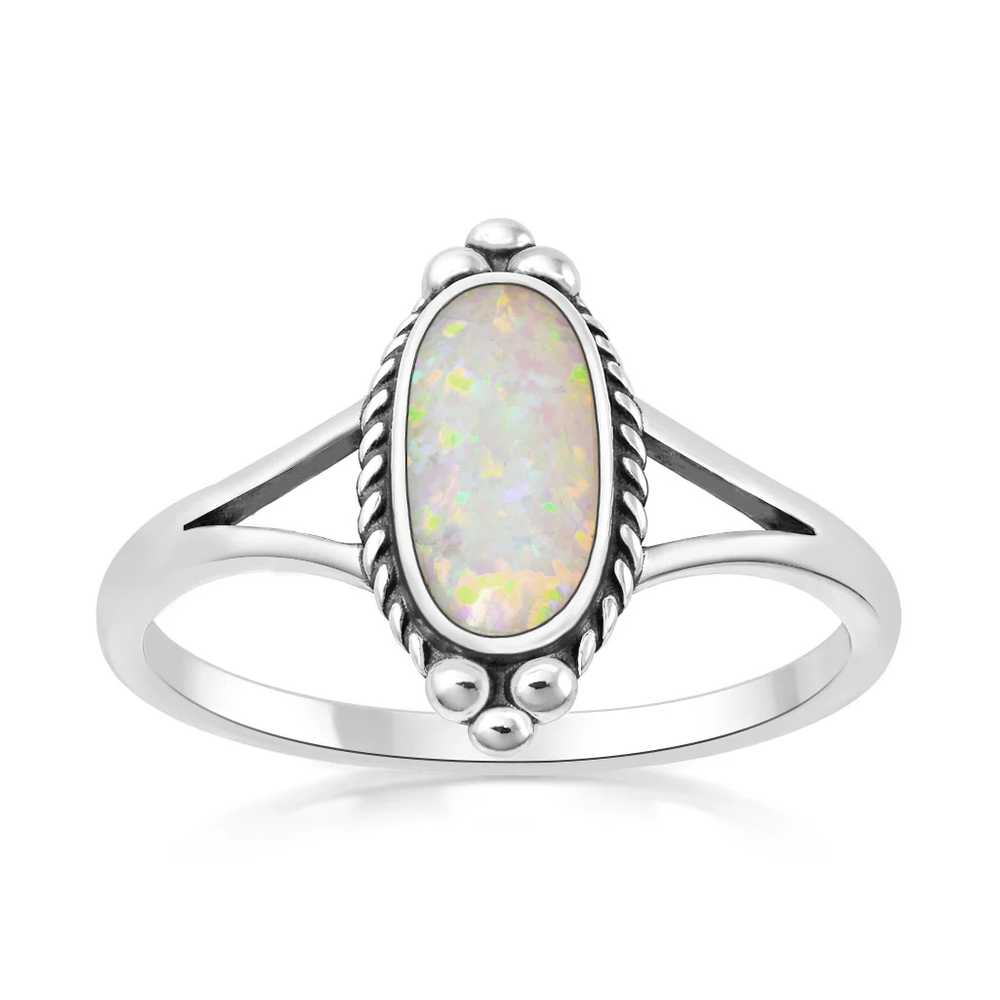 Sterling Silver Oxidized And Polished Oval White Lab Opal Ring