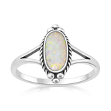 Sterling Silver Oxidized And Polished Oval White Lab Opal Ring